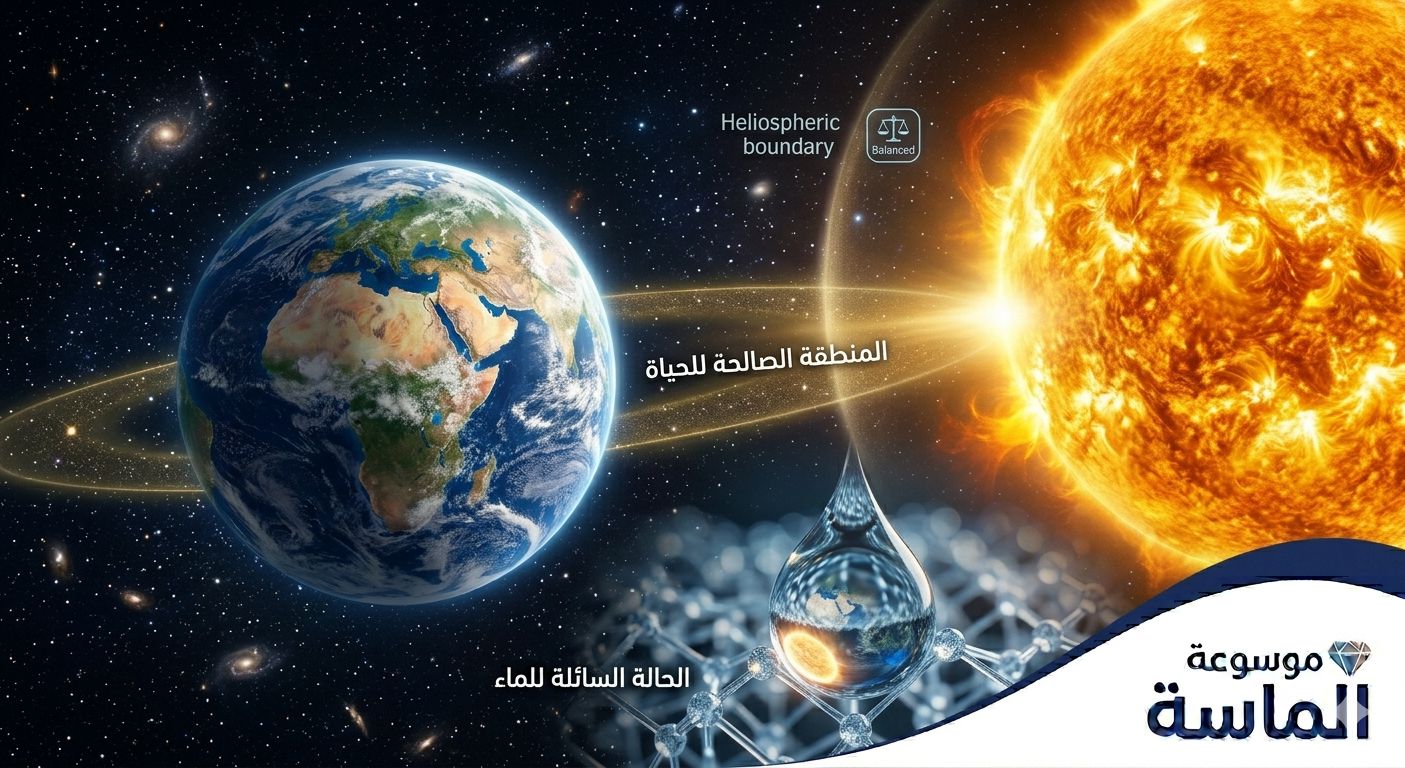 رسم توضيحي يظهر كوكب الأرض في مدارها حول الشمس مع تسليط الضوء على المنطقة الصالحة للحياة - موسوعة الماسة.