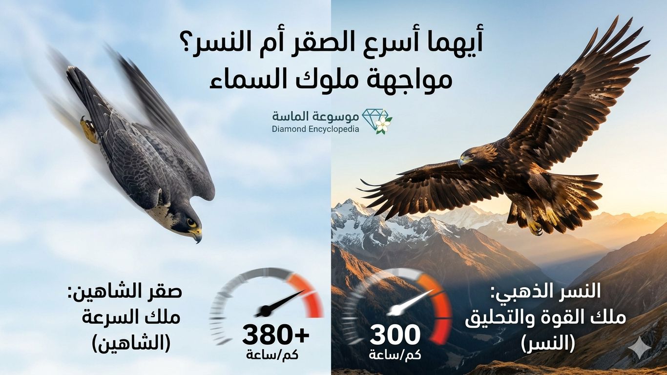 صورة مركبة تظهر صقر الشاهين في حالة انقضاض ونسر ذهبي يحلق بجناحين عريضين - موسوعة الماسة.