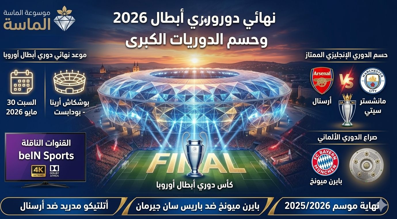 بوستر نهائي دوري أبطال أوروبا 2026 في بودابست وصراع حسم الدوريات الكبرى - موسوعة الماسة"