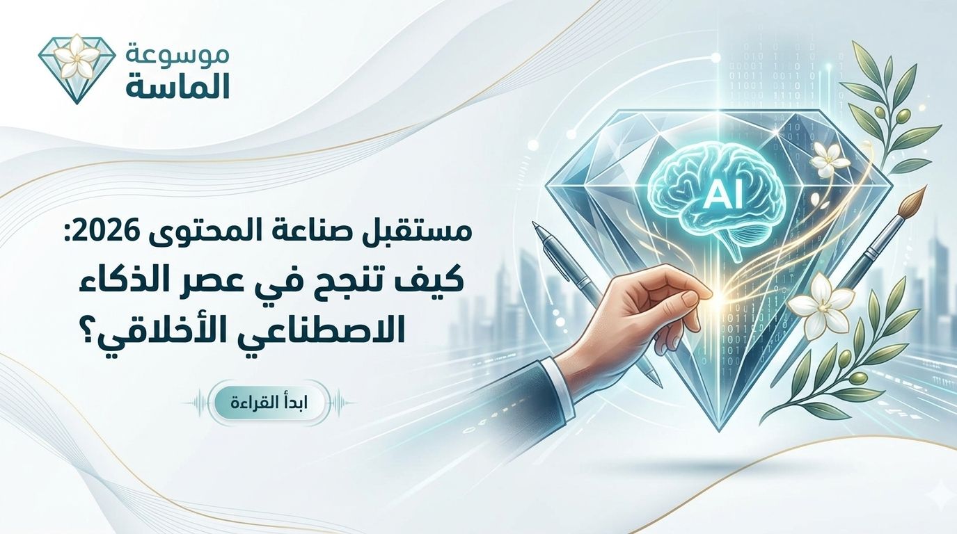 تصوير فني يجمع بين يد إنسان وذكاء اصطناعي داخل جوهرة يمثل "موسوعة الماسة" ومفهوم المحتوى الأخلاقي.
