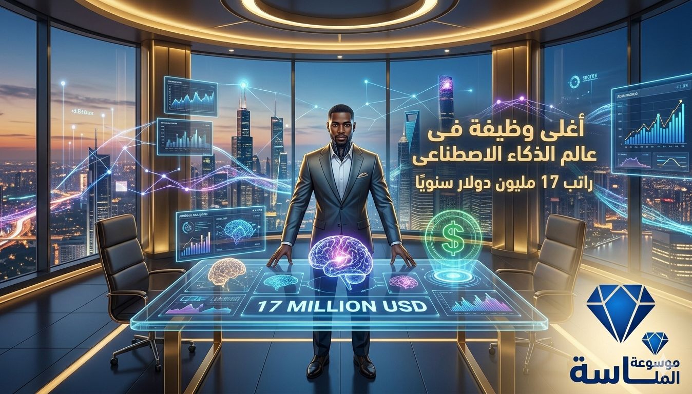 خبير تقني في مكتب مستقبلي يحلل بيانات الذكاء الاصطناعي مع نص يوضح راتب 17 مليون دولار سنويًا لأغلى وظيفة تقنية - موسوعة الماسة.
