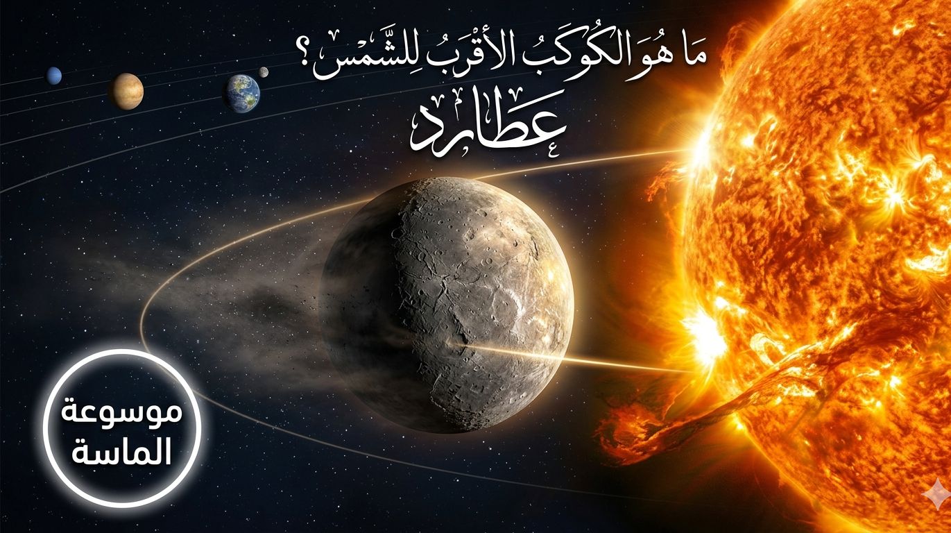 كوكب عطارد الصخري وهو يدور في مدار قريب جداً من قرص الشمس المتوهج، توضيح للمجموعة الشمسية - مدونة موسوعة الماسة