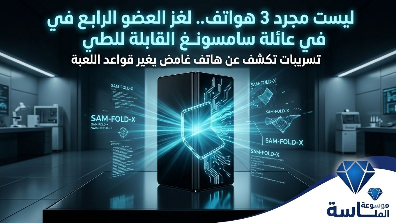 نموذج تخيلي لهاتف سامسونج القابل للطي الرابع الغامض داخل معمل أبحاث مع تسريبات تقنية وعلامة موسوعة الماسة."