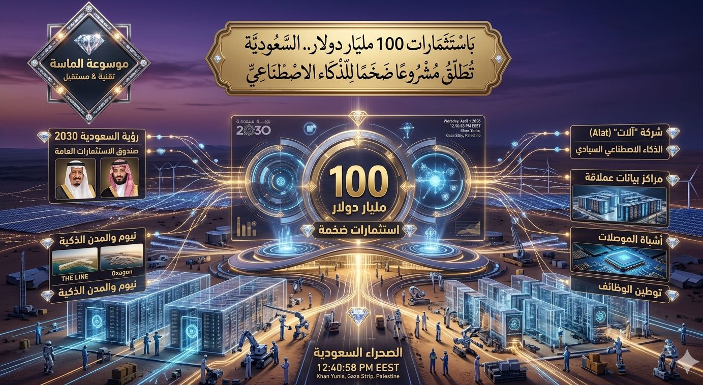 تصميم رقمي يجمع بين معالم السعودية الحديثة وشبكات عصبية إلكترونية مضيئة برقم 100 مليار دولار وشعار شركة آلات وموسوعة الماسة".
