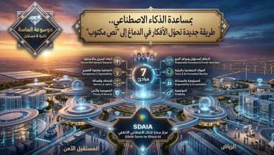 تصميم رقمي يجمع بين شعار سدايا ورموز المبادئ السبعة للذكاء الاصطناعي مثل الميزان (العدالة) والدرع (الأمان) والمصباح (الابتكار) مع خلفية تقنية سعودية وشعار موسوعة الماسة".