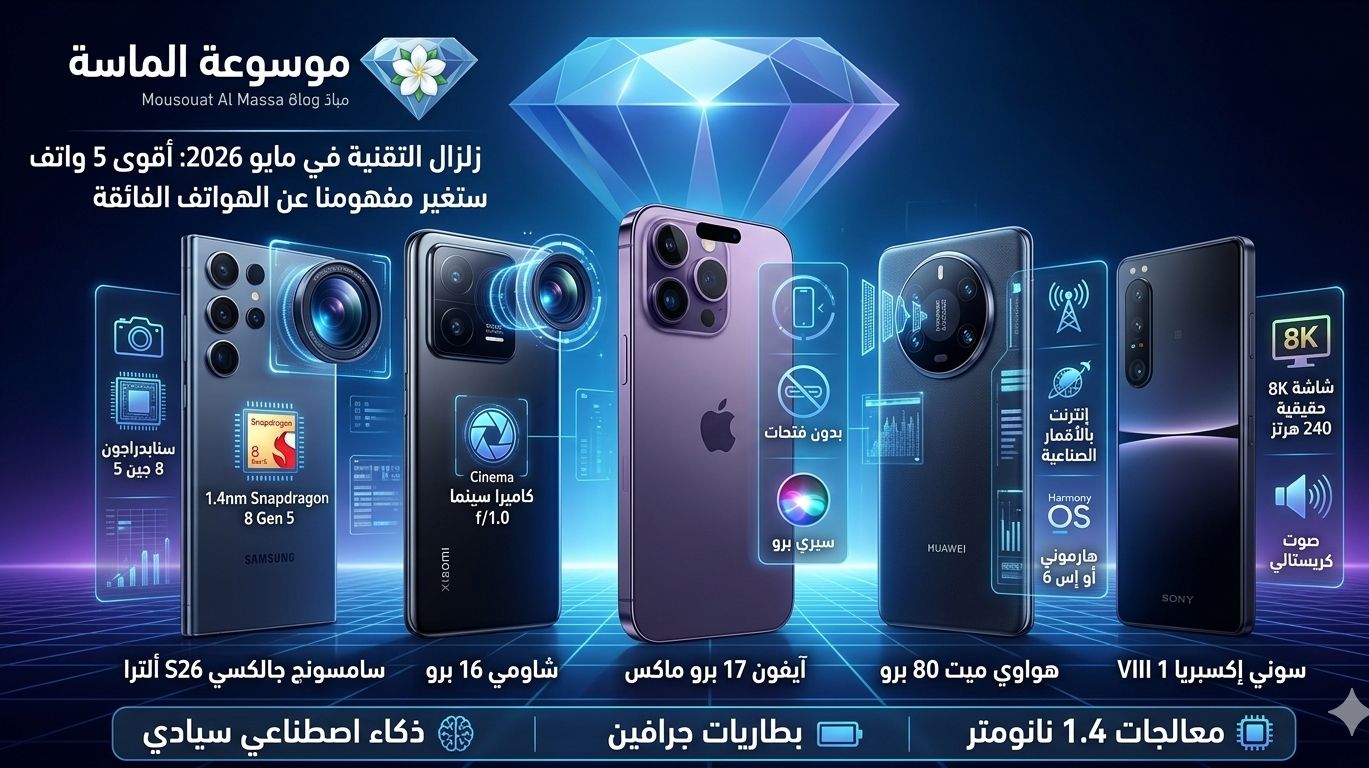 تصميم تخيلي لمجموعة من الهواتف الذكية المستقبلية بشاشات منحنية وإضاءة ليد تقنية - موسوعة الماسة. هل تريدني أن أقوم بتوليد الصورة الخاصة بهذا المقال التقني المستقبلي؟