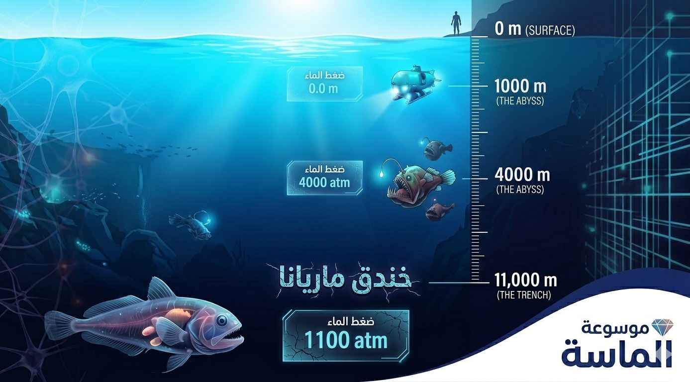 رسم توضيحي لطبقات المحيط يوضح زيادة ضغط الماء مع العمق وصولاً إلى قعر البحر - موسوعة الماسة.