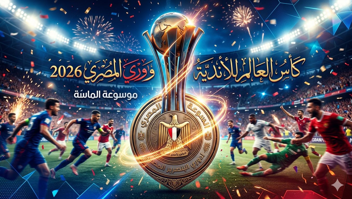 تصميم رياضي يجمع بين كأس العالم للأندية 2026 ودرع الدوري المصري مع شعار موسوعة الماسة في أجواء حماسية.