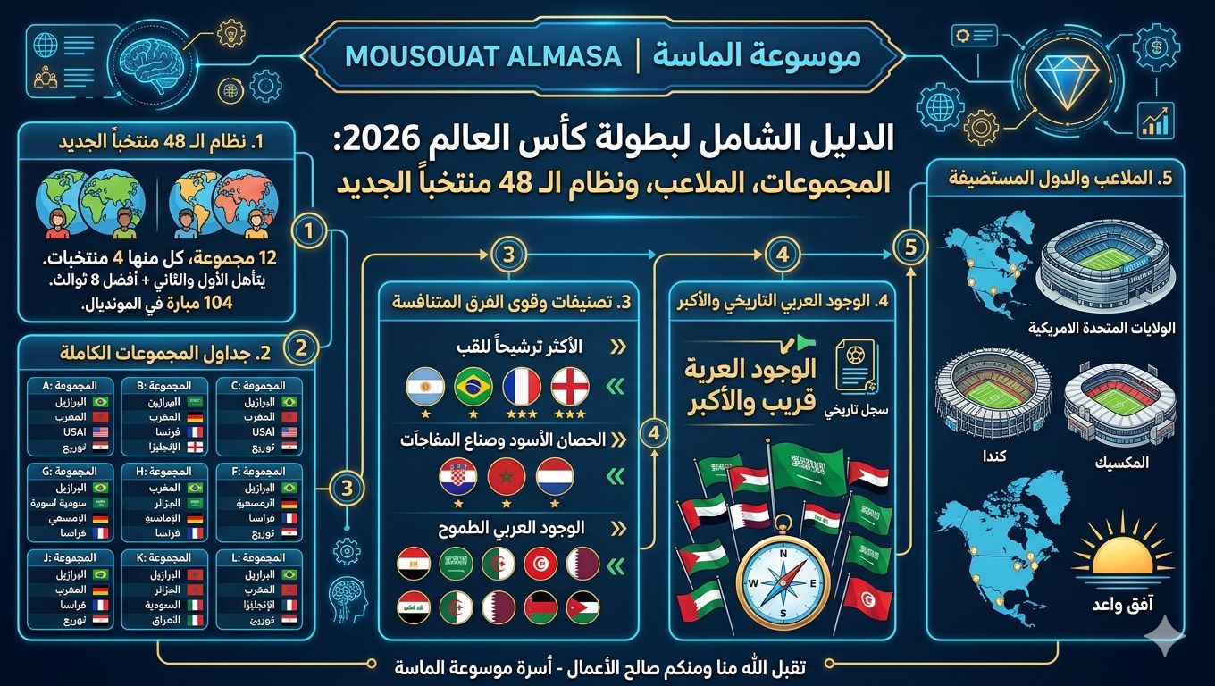 إنفوجرافيك الدليل الشامل من موسوعة الماسة لبطولة كأس العالم 2026 المكونة من 48 منتخباً، يستعرض المجموعات الكاملة، تصنيفات الفرق، الملاعب المستضيفة، والنظام الجديد، مع تركيز خاص