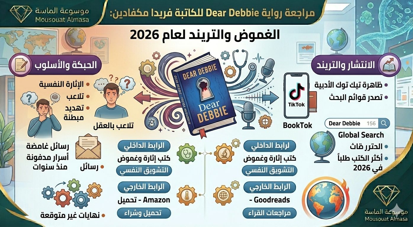 إنفوجرافيك مراجعة رواية Dear Debbie للكاتبة فريدا مكفادين من موسوعة الماسة، يستعرض تحليل الحبكة وأسلوب التشويق النفسي والرسائل الغامضة مع إشارة لانتشار الرواية في ترند BookTok لعام 2026."