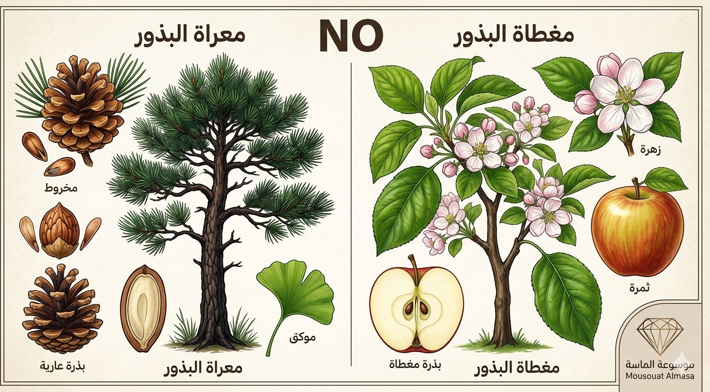 توضيحي يقارن بين النباتات معراة البذور (المخروطيات) والنباتات مغطاة البذور (الأزهار والثمار) مع تسميات توضيحية للأجزاء، مصمم لطلاب الحادي عشر في موسوعة الماسة."