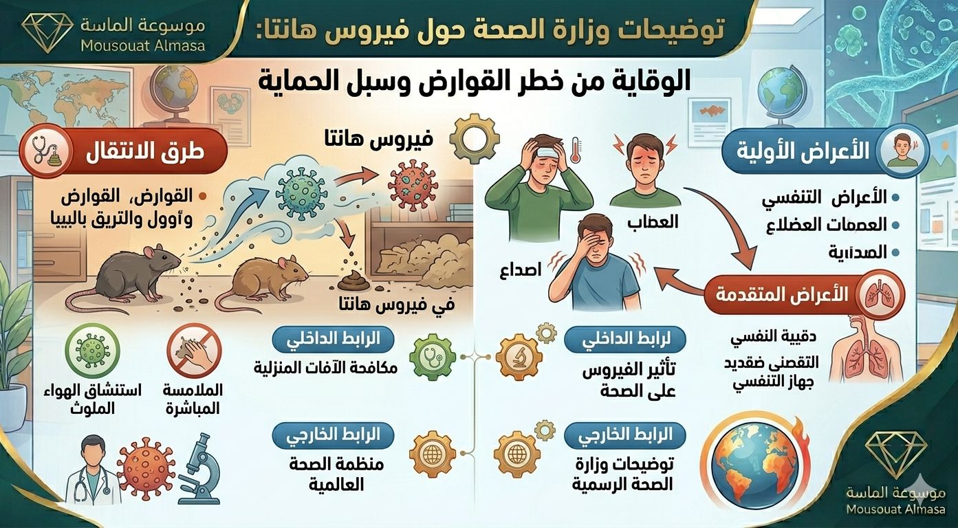 إنفوجرافيك تعليمي من موسوعة الماسة يوضح توضيحات وزارة الصحة حول فيروس هانتا، يشمل أعراض العدوى مثل الحمى وضيق التنفس، وطرق الانتقال عبر القوارض، وسبل الوقاية الصحية لعام 2026."