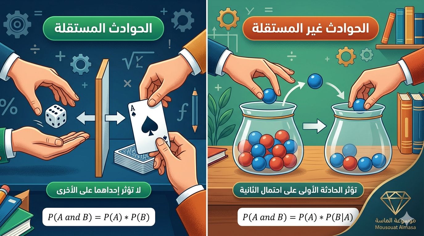 انفوجرافيك تعليمي من موسوعة الماسة يوضح الفرق بين الحوادث المستقلة (رمي نرد وسحب بطاقة) والحوادث غير المستقلة (سحب كرات دون إرجاع) في الاحتمالات، مع القوانين الرياضية لطلاب الحادي عشر 2026.