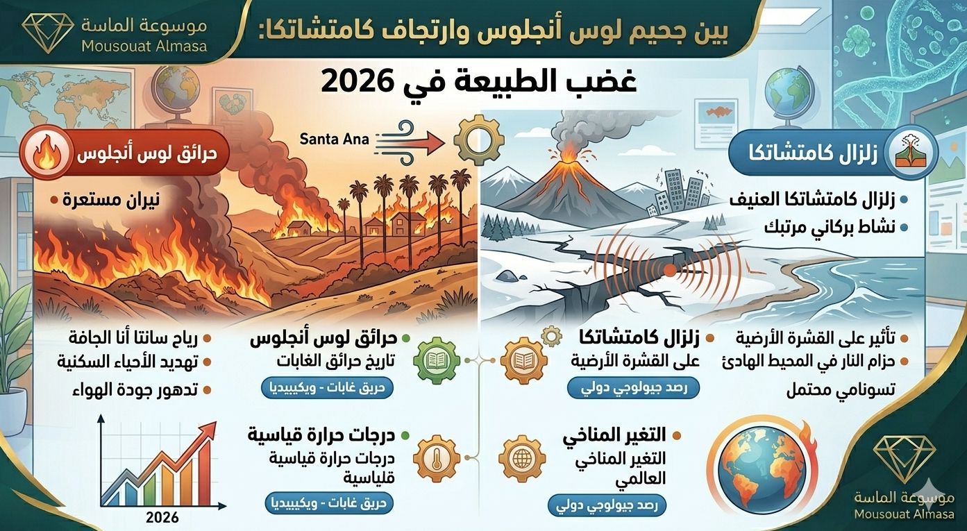 إنفوجرافيك من موسوعة الماسة يوضح حرائق لوس أنجلوس في كاليفورنيا وزلزال شبه جزيرة كامتشاتكا، مع تحليل لتأثير التغير المناخي والنشاط البركاني في حزام النار عام 2026."