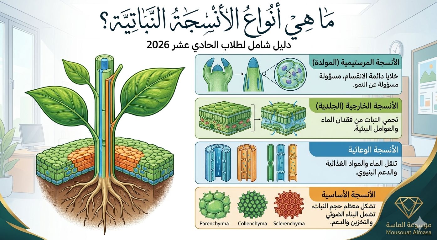 مخطط تعليمي شامل يوضح أنواع الأنسجة النباتية الأربعة (المرستيمية، الخارجية، الوعائية، والأساسية) مع شرح وظائفها لطلاب الصف الحادي عشر، مع شعار موسوعة الماسة."