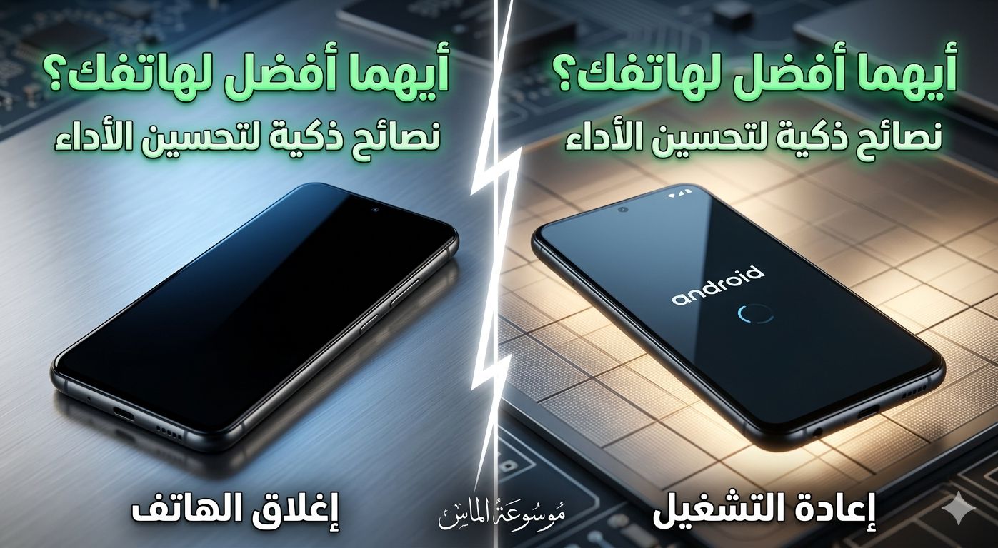 مهم جداً لـ SEO: "مقارنة بصرية بين إغلاق هاتف أندرويد تماماً وإعادة تشغيل النظام لتحسين أداء البطارية والسرعة في عام 2026."