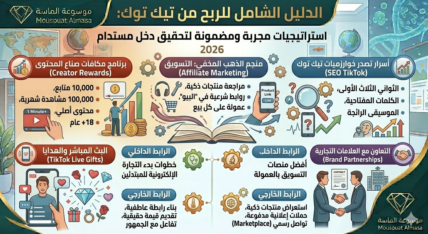 إنفوجرافيك الدليل الشامل للربح من تيك توك لعام 2026 من موسوعة الماسة، يشرح شروط مكافآت صناع المحتوى، التسويق بالعمولة، البث المباشر، والتعاون مع العلامات التجارية، بالإضافة إلى أسرار تصدر الخوارزميات."