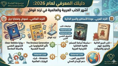 صورة تعبيرية لمكتبة حديثة تجمع بين الكتب العربية والعالمية الأكثر بحثاً في عام 2026، مصممة لمقال مراجعات الكتب في موسوعة الماسة."