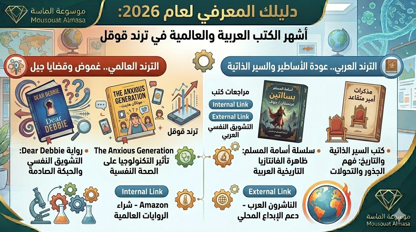 صورة تعبيرية لمكتبة حديثة تجمع بين الكتب العربية والعالمية الأكثر بحثاً في عام 2026، مصممة لمقال مراجعات الكتب في موسوعة الماسة."