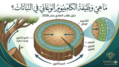 رسم توضيحي يظهر وظيفة الكامبيوم الوعائي في نمو سيقان الأشجار وإنتاج أنسجة الخشب واللحاء الثانوية لطلاب الحادي عشر، مع شعار موسوعة الماسة."