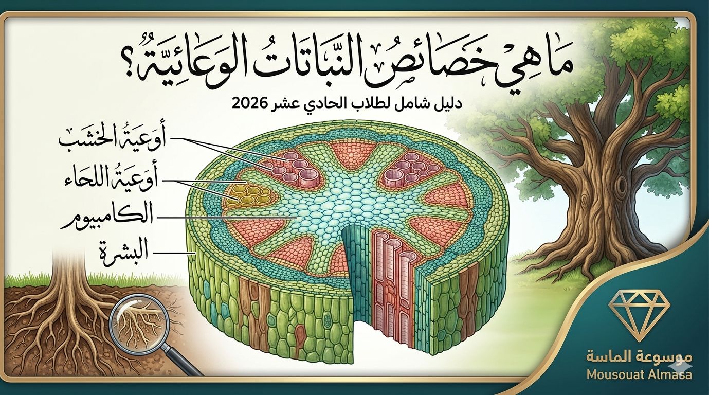 مخطط تعليمي يوضح خصائص النباتات الوعائية وتشريح الساق (الخشب واللحاء) لطلاب الصف الحادي عشر، مع شعار موسوعة الماسة."