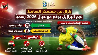 إنفوجرافيك رياضي من موسوعة الماسة يعلن غياب لاعب البرازيل ويسلي عن مونديال 2026 بسبب إصابة بتمزق عضلي تعرض لها في مباراة مصر الودية، واستدعاء إيدرسون كبديل طارئ من المدرب أنشيلوتي.