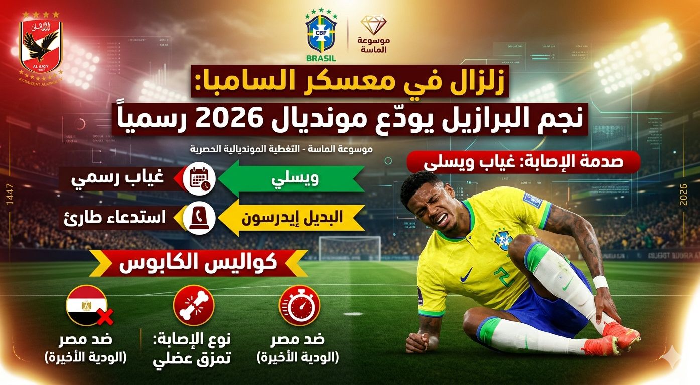 إنفوجرافيك رياضي من موسوعة الماسة يعلن غياب لاعب البرازيل ويسلي عن مونديال 2026 بسبب إصابة بتمزق عضلي تعرض لها في مباراة مصر الودية، واستدعاء إيدرسون كبديل طارئ من المدرب أنشيلوتي.