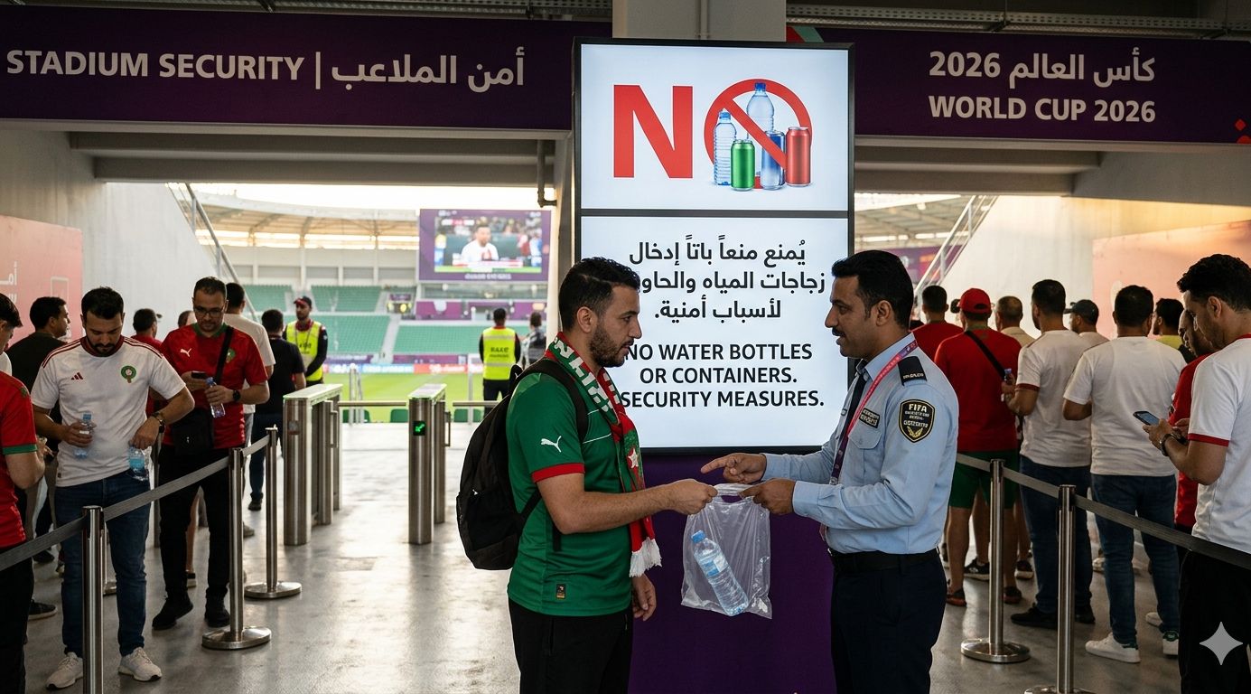 مشهد واقعي يوضح الإجراءات الأمنية المشددة عند بوابات ملاعب كأس العالم 2026، حيث يظهر رجل أمن يمنع مشجعاً من إدخال زجاجة مياه بلاستيكية، مع لافتة إرشادية واضحة باللغتين العربية والإنجليزية تؤكد قرار الفيفا بالحظر لأسباب أمنية.