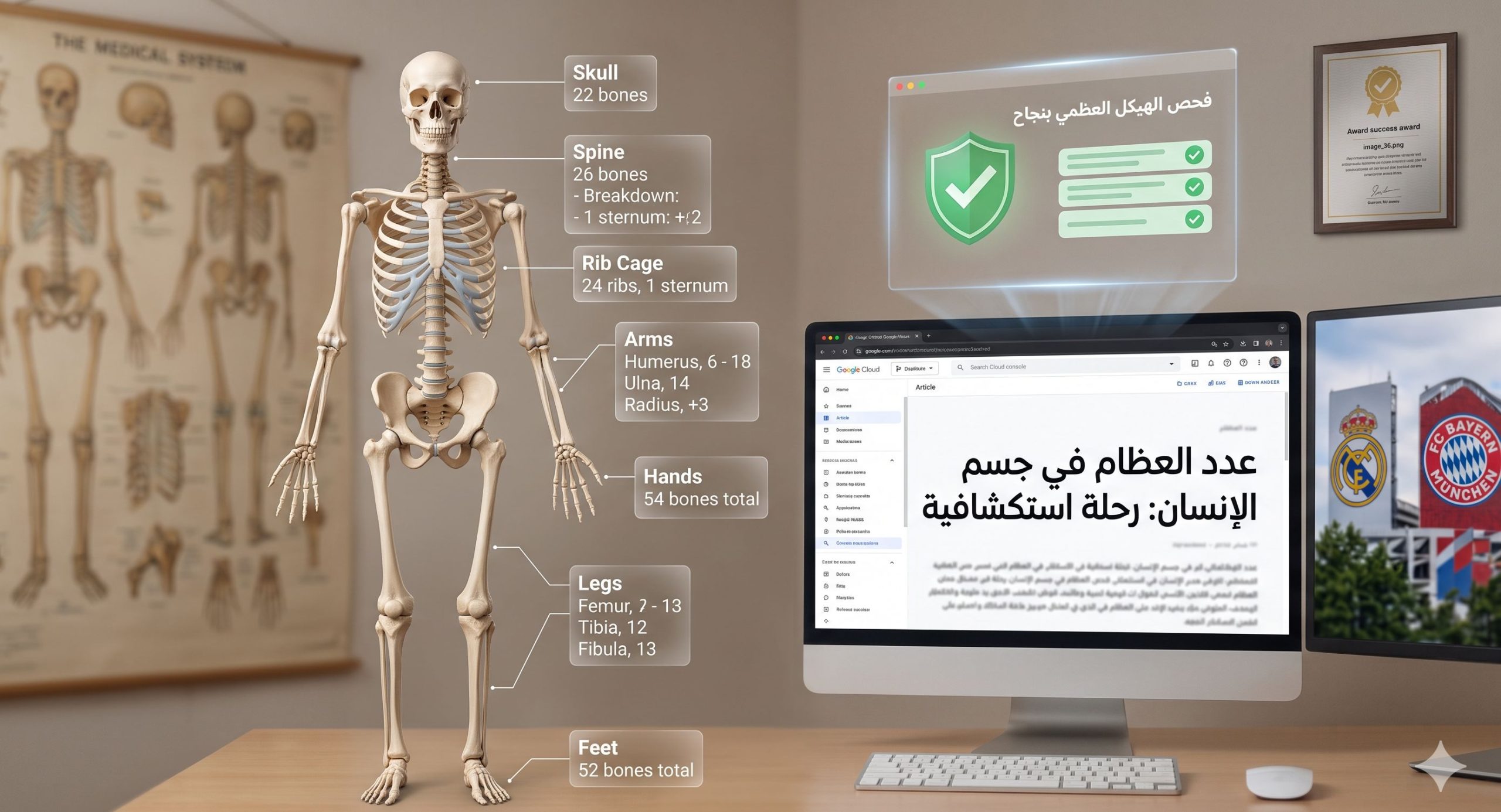 رسم توضيحي طبي للهيكل العظمي البشري يوضح توزيع العظام في الجسم مع شعار موسوعة الماسة.