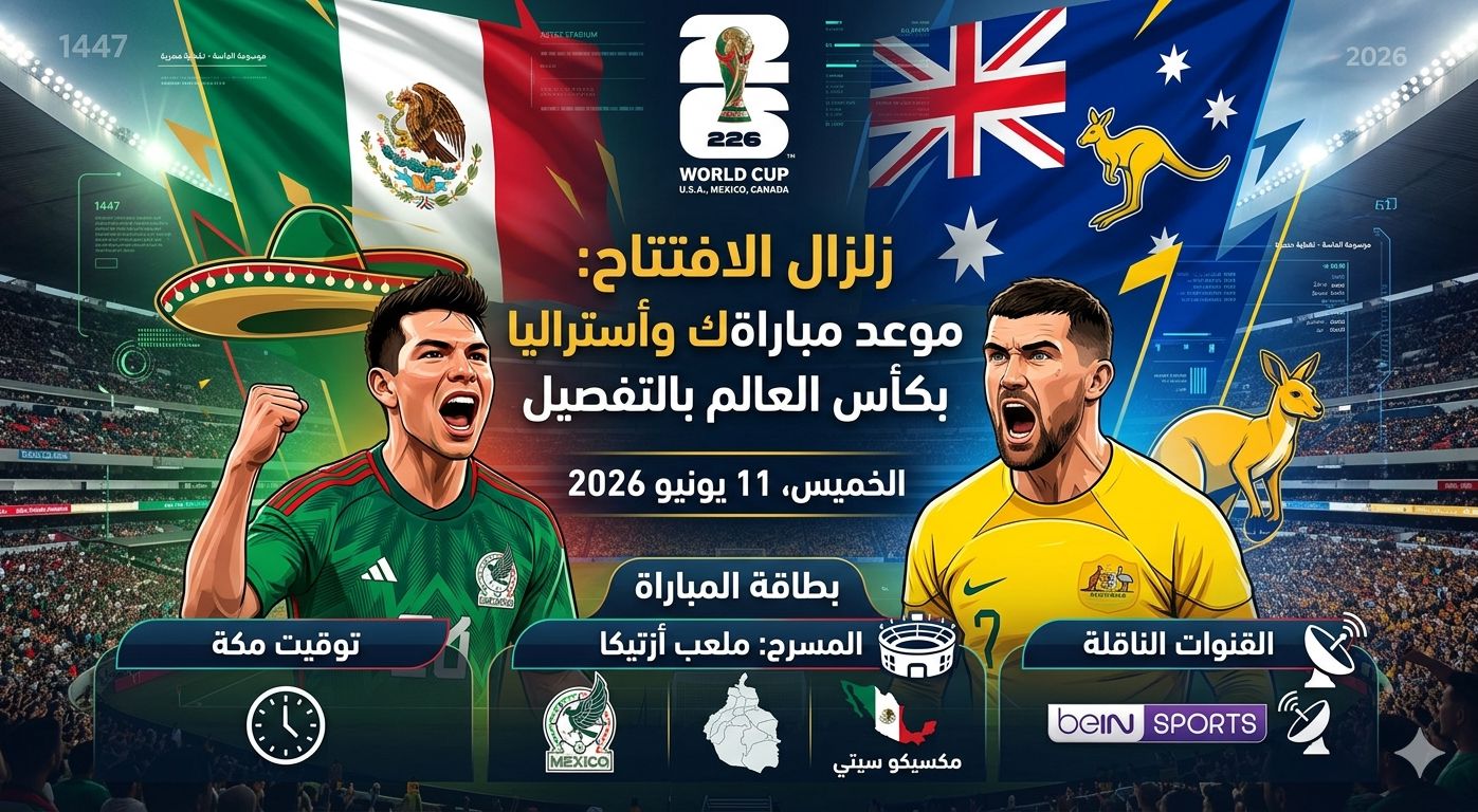 إنفوجرافيك رياضي من موسوعة الماسة يستعرض بطاقة المباراة الافتتاحية لكأس العالم 2026 بين المكسيك وأستراليا على ملعب أزتيكا، مع توضيح القنوات الناقلة بي إن سبورتس وتاريخ المواجهة 11 يونيو.