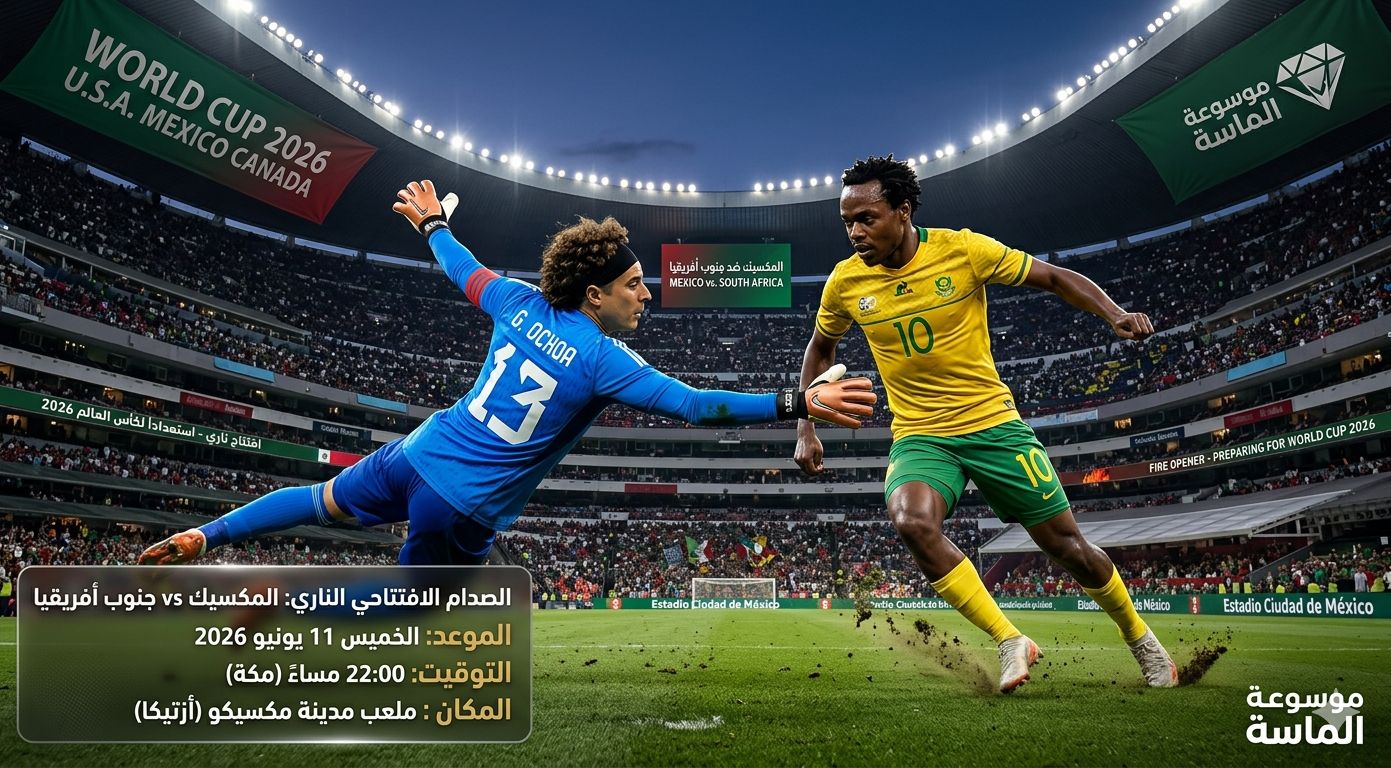 غلاف إنفوجرافيك من موسوعة الماسة لمباراة المكسيك ضد جنوب أفريقيا في افتتاح كأس العالم 2026، يظهر صراعاً كروياً حماسياً بين الحارس أوتشوا واللاعب بيرسي تاو مع بطاقة تفاصيل الموعد والتوقيت على ملعب أزتيكا.
