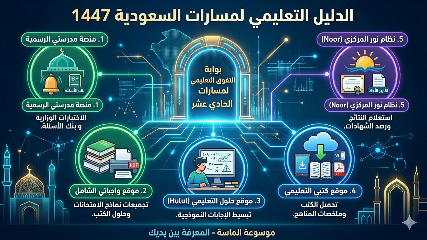 إنفوجرافيك الدليل التعليمي لمسارات السعودية لعام 1447 من موسوعة الماسة، يشرح منصة مدرستي، نظام نور، موقع واجباتي، حلول، وكتبي لتحميل نماذج اختبارات الصف الحادي عشر مسارات.