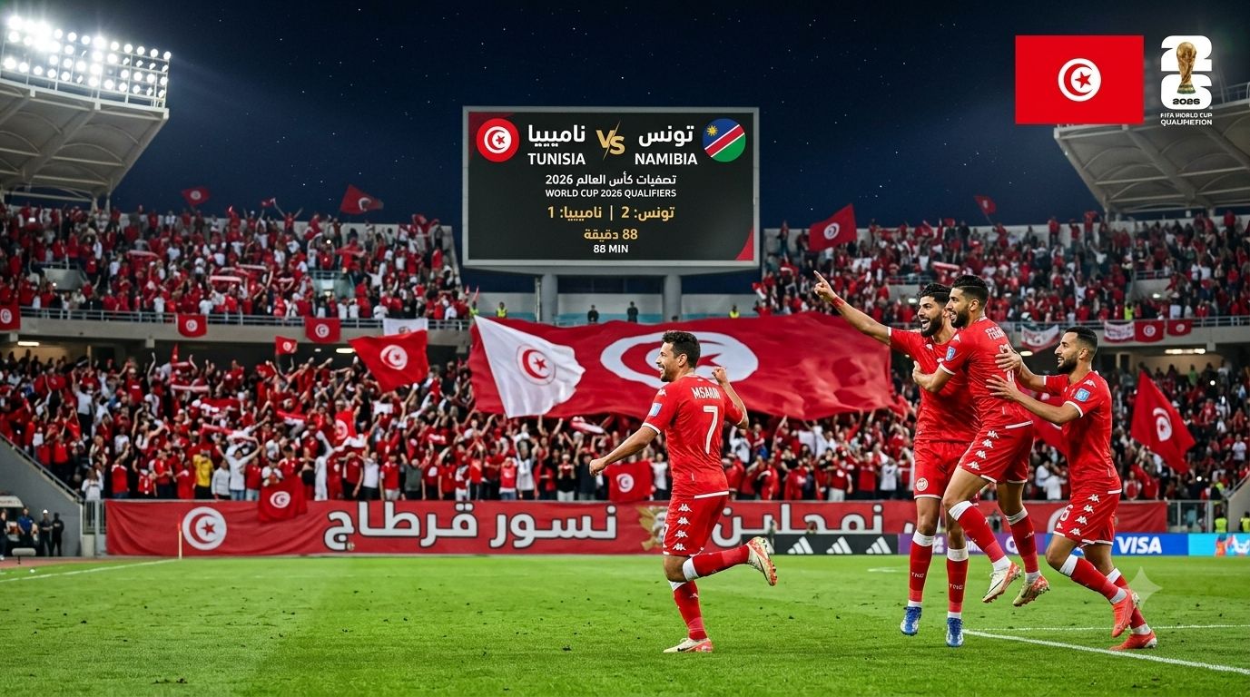 لاعبو منتخب تونس يحتفلون على أرضية الملعب وسط تفاعل الجماهير التونسية في مدرجات تصفيات كأس العالم 2026.