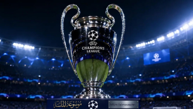 شعار دوري أبطال أوروبا الرسمي مع مجسم الكأس الفضية الشهيرة — موسوعة الماسة