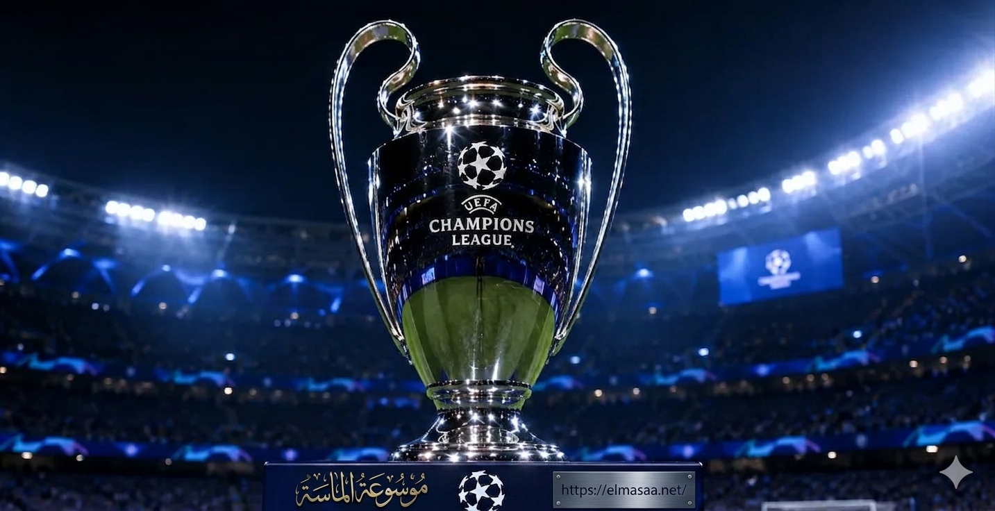 شعار دوري أبطال أوروبا الرسمي مع مجسم الكأس الفضية الشهيرة — موسوعة الماسة