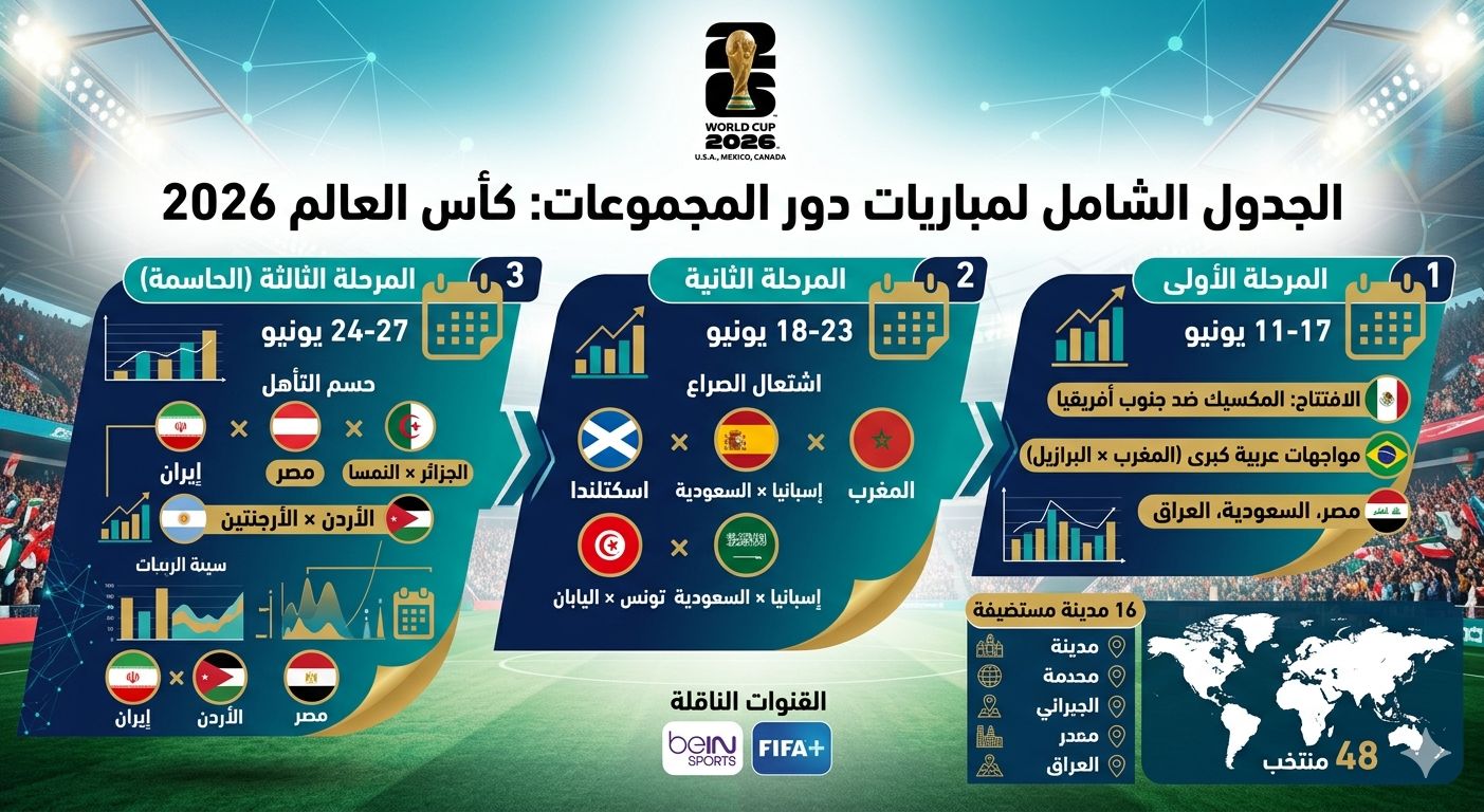 إنفوجرافيك شامل من موسوعة الماسة يستعرض الجدول الكامل لمباريات دور المجموعات في كأس العالم 2026، مقسماً إلى ثلاث مراحل من 11 إلى 27 يونيو، ويضم مواجهات المنتخبات العربية والعالمية والقنوات الناقلة.