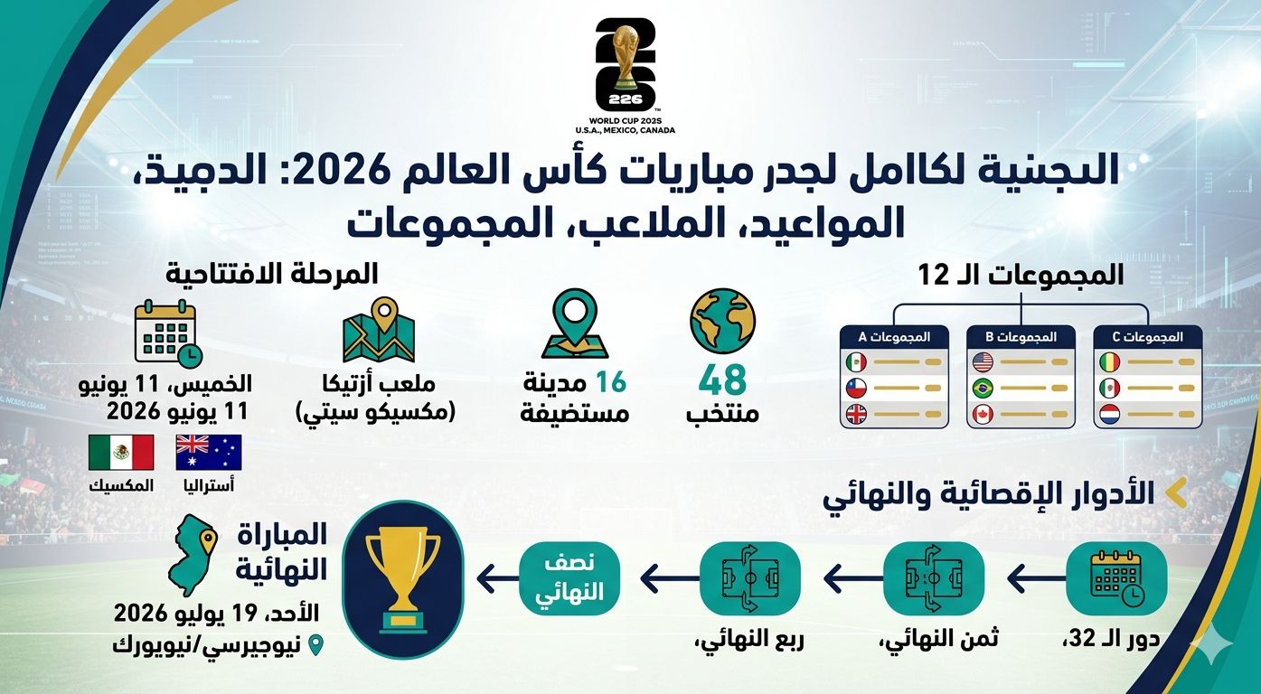 إنفوجرافيك من موسوعة الماسة يستعرض الدليل الكامل لجدول مباريات كأس العالم 2026، موعد اللقاء الافتتاحي في ملعب أزتيكا بين المكسيك وأستراليا، ومراحل الأدوار الإقصائية حتى النهائي في نيوجيرسي.