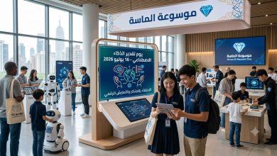 طلاب وأطفال يتفاعلون مع روبوتات وشاشات ذكية داخل معرض تقني بمناسبة يوم تقدير الذكاء الاصطناعي مع ظهور شعار موسوعة الماسة.