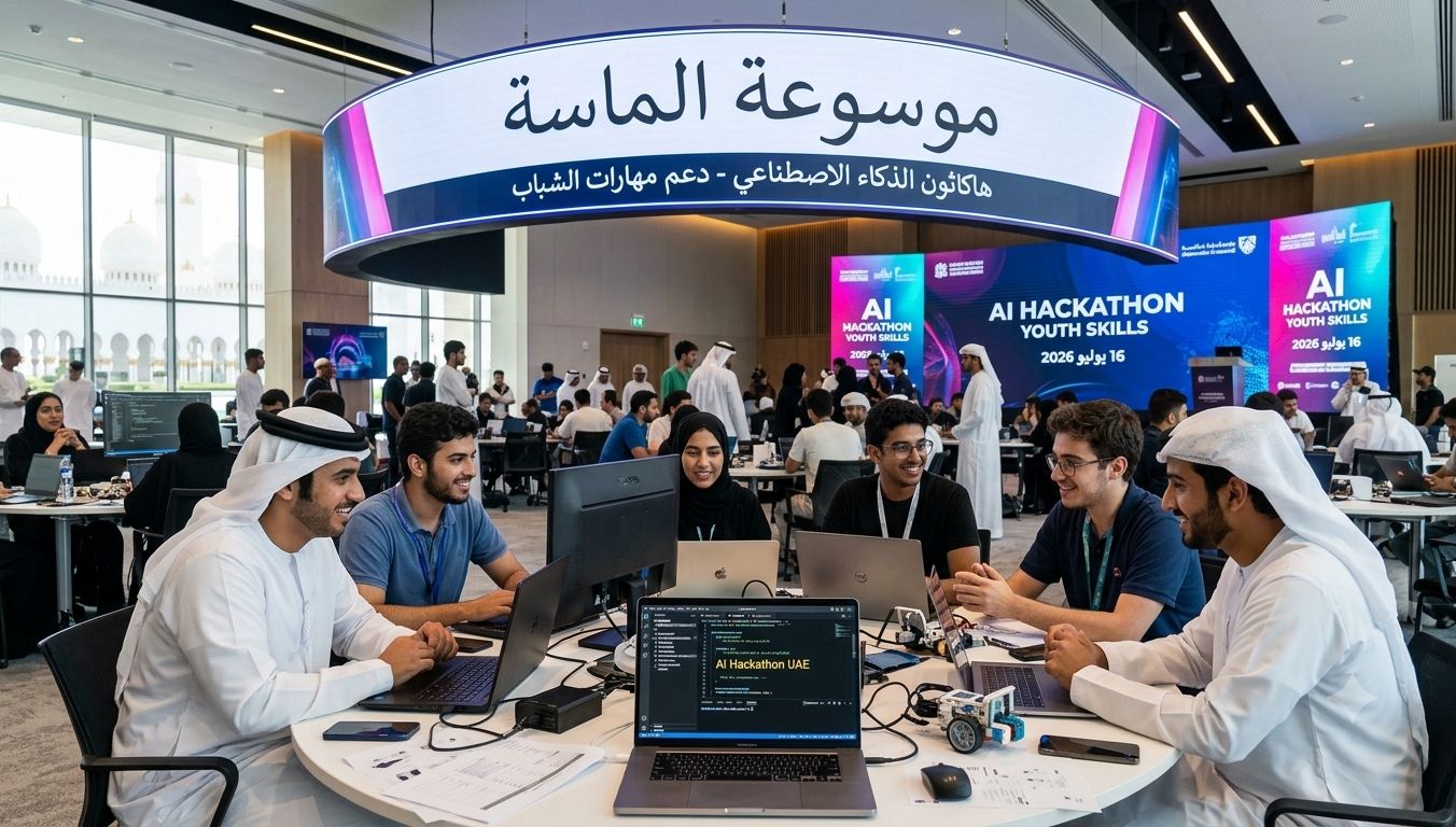 شباب وشابات عرب بالزي التقليدي والرياضي يجلسون حول طاولة مستديرة يتنافسون برمجياً في هاكاثون الذكاء الاصطناعي مع لافتة مضيئة باسم موسوعة الماسة.