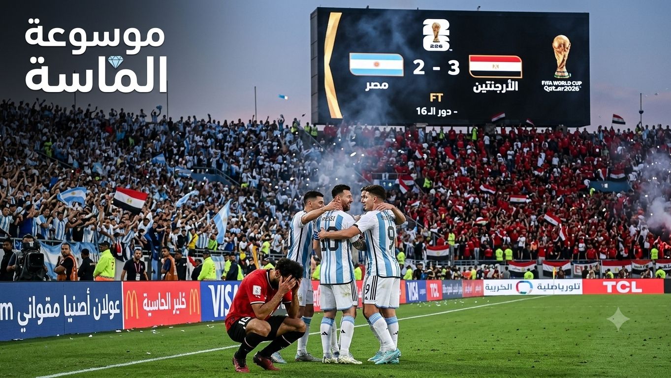 صورة واقعية عالية الجودة تظهر ليونيل ميسي محتفلًا ومحمد صلاح متأثرًا بعد نهاية مباراة الأرجنتين ومصر في كأس العالم 2026 مع شعار موسوعة الماسة في الزاوية.