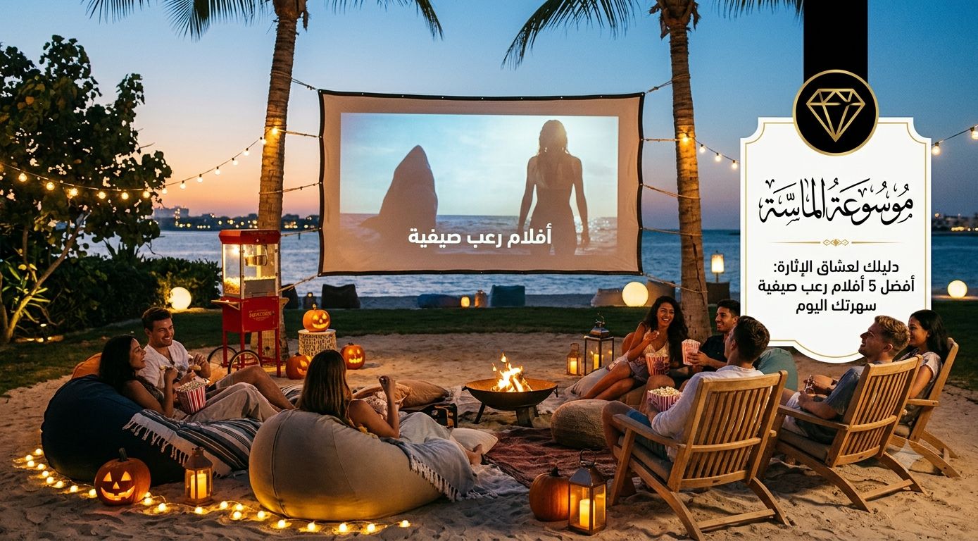جواء سينمائية مرعبة وغامضة تعبر عن أفضل أفلام رعب صيفية وإثارة مع شعار موسوعة الماسة