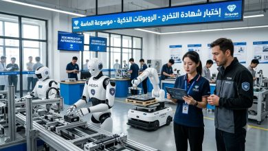 صورة واقعية عالية الجودة تظهر الروبوتات صينية متطورة على خط تجميع في منشأة اختبار تعليمية بالصين، مع لافتات وشاشة عرض تظهر شعار موسوعة الماسة.