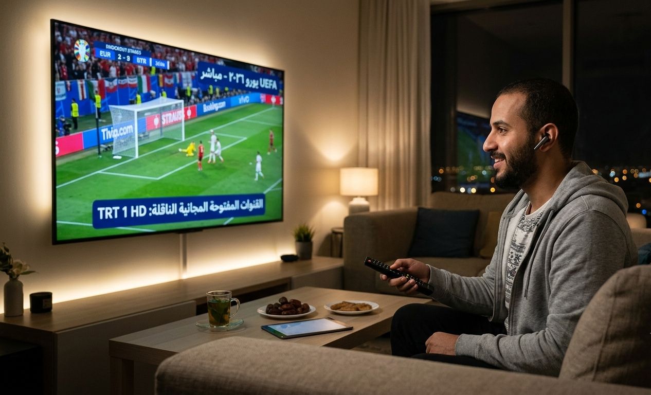 مشجع عربي يشاهد مباراة على القنوات المفتوحة الناقلة لمباريات يورو 2026 مجاناً عبر التلفزيون في المنزل