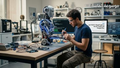 مهندس تقني يرتدي نظارة يعمل على تطوير وبرمجة ذراع روبوت بشري ذكي في معمل تكنولوجي متطور لصالح موسوعة الماسة