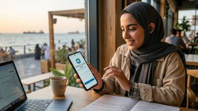 فتاة عربية تستخدم هاتفها الذكي في تعلم اللغة الإنجليزية بالذكاء الاصطناعي من داخل مقهى