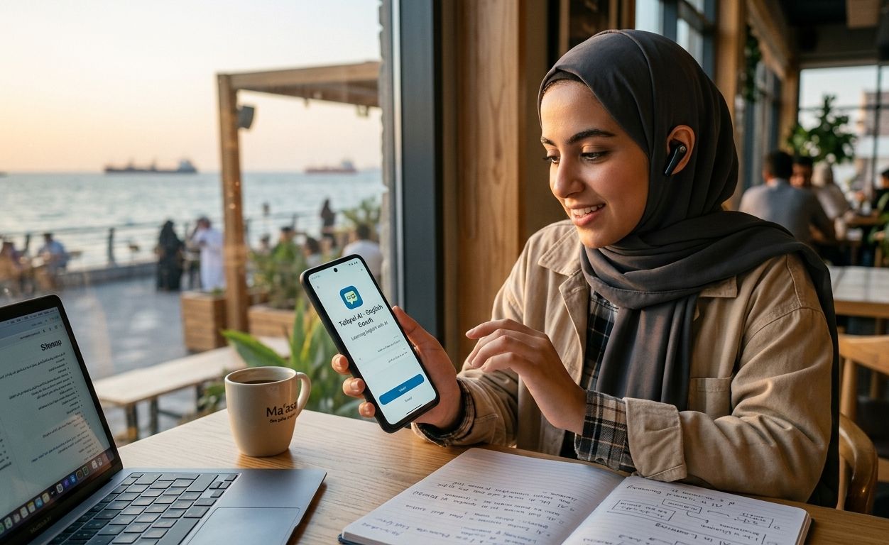 فتاة عربية تستخدم هاتفها الذكي في تعلم اللغة الإنجليزية بالذكاء الاصطناعي من داخل مقهى