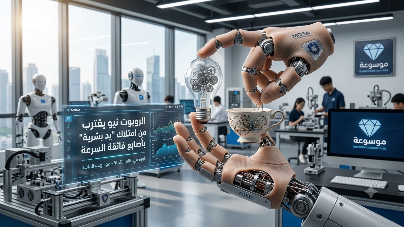 صورة واقعية توضح يد الروبوت نيو المتطورة وهي تمسك بمصباح كهربائي وفنجان قهوة بدقة متناهية تحاكي اليد البشرية مع ظهور شعار موسوعة الماسة.
