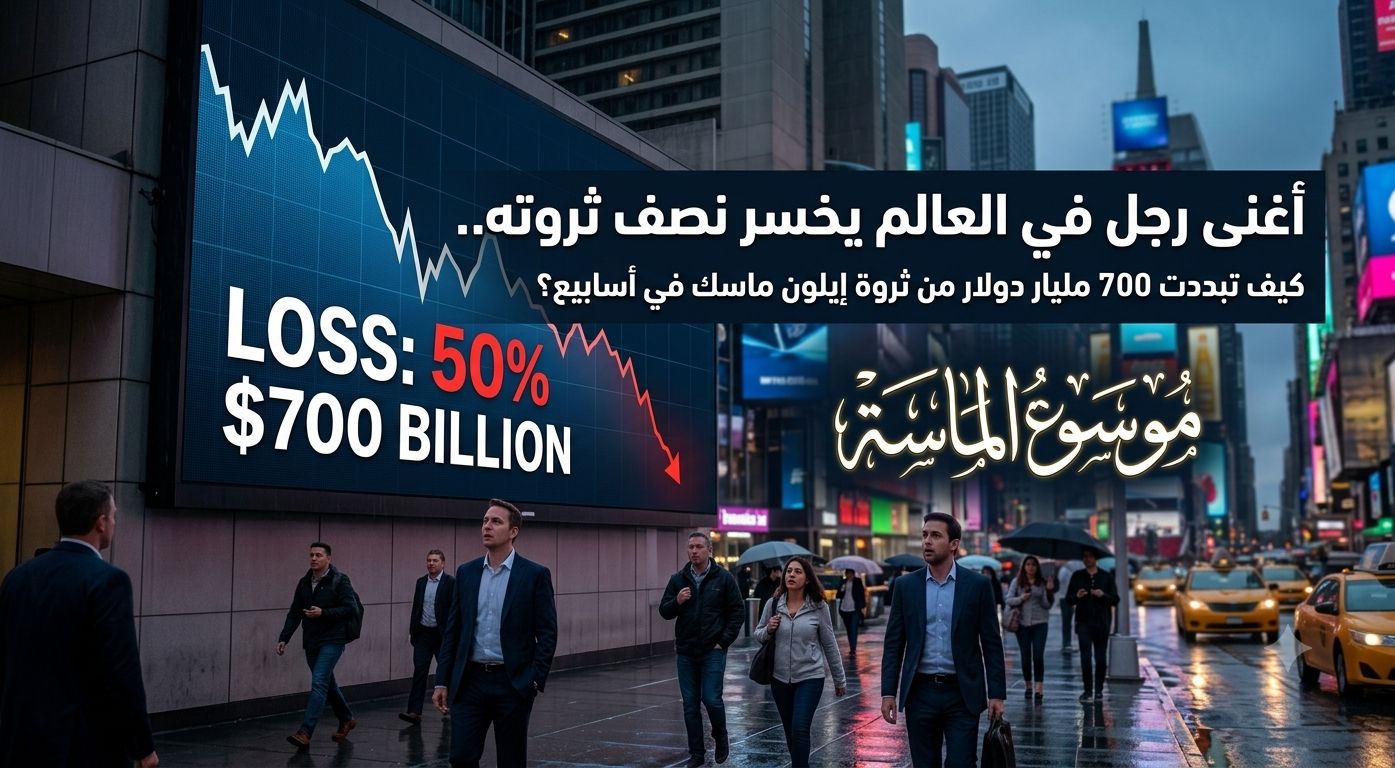 شاشة بورصة تعرض هبوط الأسهم وخسارة أغنى رجل في العالم نصف ثروته - موسوعة الماسة
