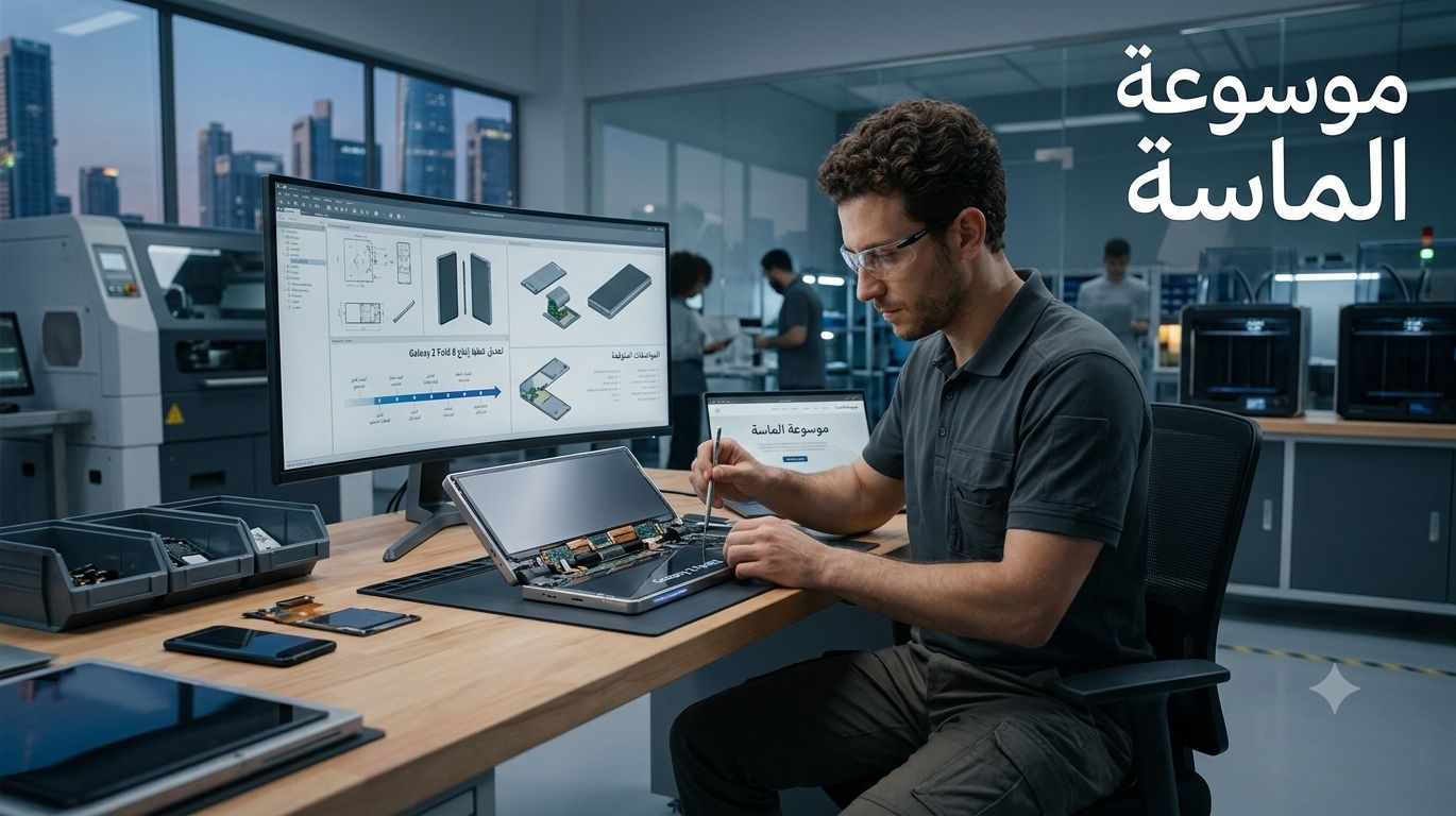 مهندس تقني يعمل في مختبر تطوير وتصنيع هواتف سامسونغ القابلة للطي على هاتف Galaxy Z Fold 8 مع شاشة كمبيوتر تعرض مخططات هندسية وشعار موسوعة الماسة