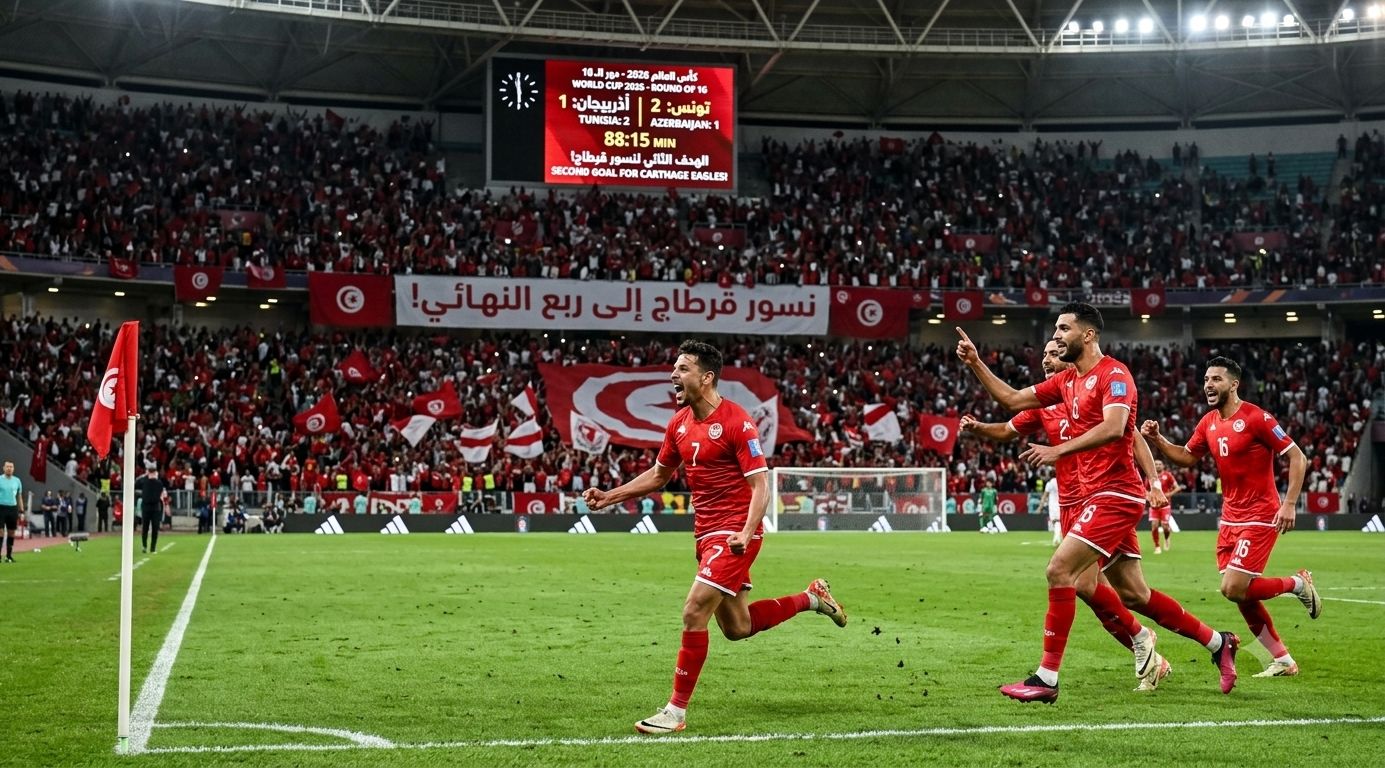 رسم توضيحي وشاشة إلكترونية تعرض جدول مباريات دور 16 كأس العالم 2026 مع أعلام المنتخبات المتأهلة للأدوار الإقصائية المونديالية.
